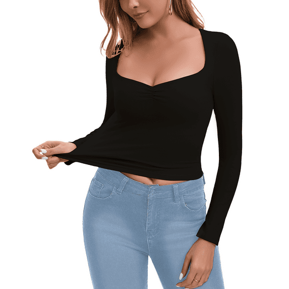 Syhzlz Women's Square Neck Long Sleeve T-Shirt, Sexy Slim Fitted Crop Tops, Stretchy Deep U Casual Basic Tees