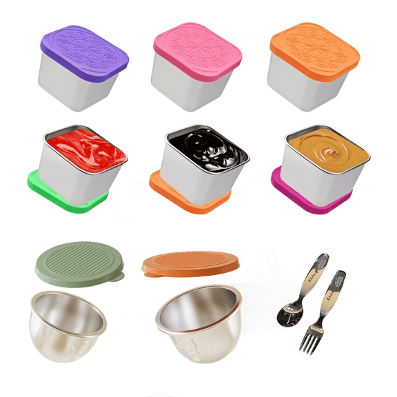 Sykixib 8-Pack Stainless Steel Snack Containers with Lids – 6 Square Snack Containers, 2 Round Sauce Cups & Utensil Set (Spoon + Fork) – Leakproof, Reusable Containers for Snacks, Condiments