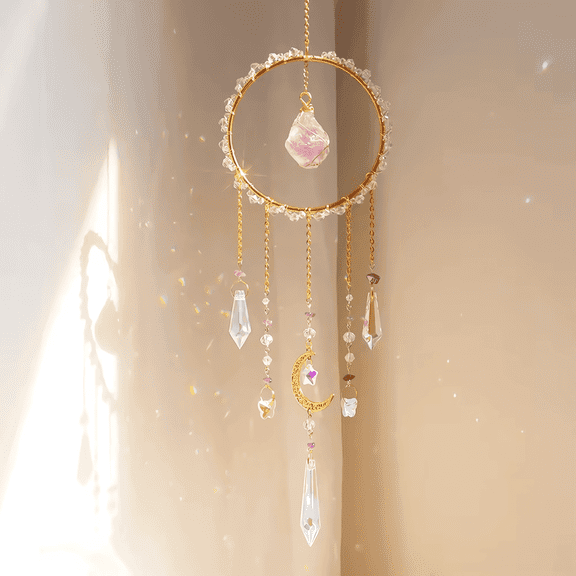 Sykixib Crystal Sun Catcher Wind Chime with Moon Pendant - Rainbow Maker Window Hanging Decor for Home, Garden, Car, Spiritual Gifts