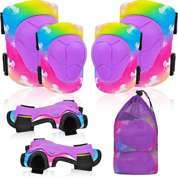 Sylfairy Adjustable Protective Knee Elbow and Wrist Pads Set, Purple Unicorn, 7 Pieces