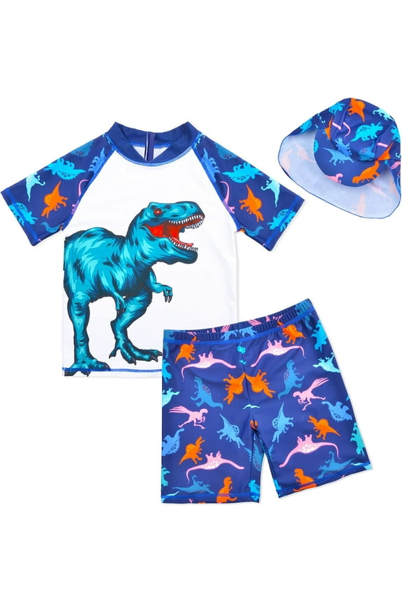 Boys Two Piece Rash Guard Swimsuits Kids Short Sleeve Swimwear Sets Bathing Suit with Sun Hat for 2-6 Years