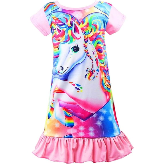 Sylfairy Girls Nightgowns, Unicorn Short Sleeve Sleepwear Nightie Nightgown Princess Pajama Dresses for 8-9 Girls