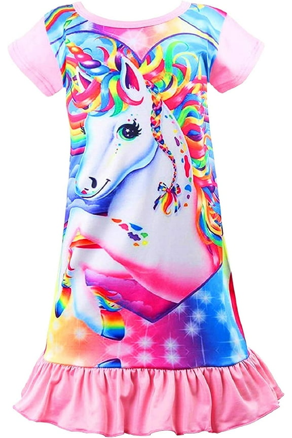 Girls Nightgowns, Unicorn Short Sleeve Sleepwear Nightie Nightgown Princess Pajama Dresses for 8-9 Girls
