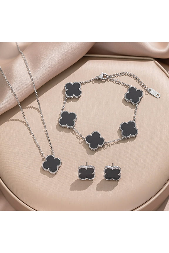 Vintage Four Leaf Clover Jewelry Set – Silver Chain Black Onyx Clover Necklace, Bracelet, Earrings, Perfect Jewelry Set for Women