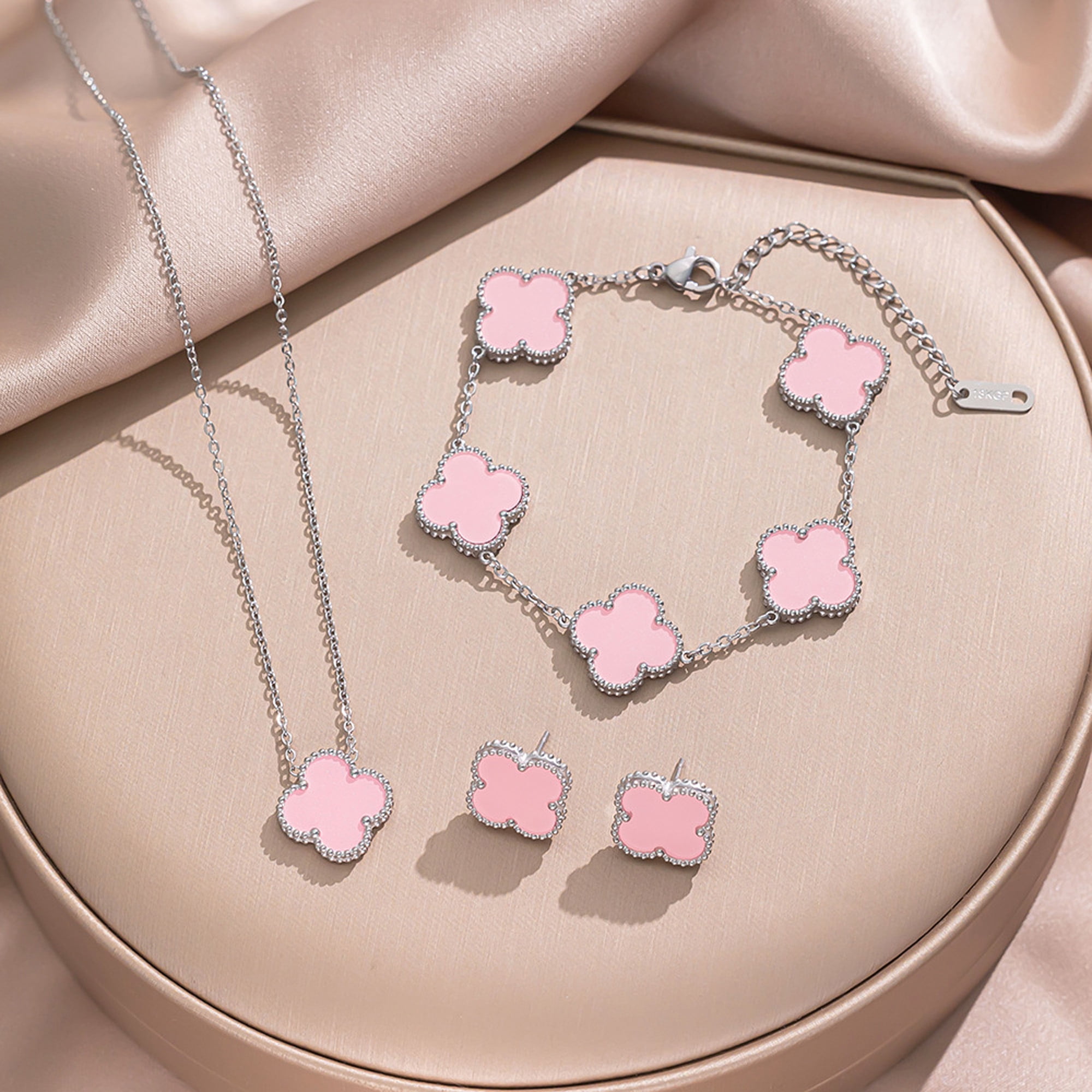 Sylora Vintage Four Leaf Clover Jewelry Set – Silver Chain Pink