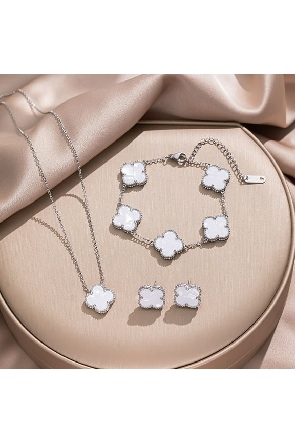 Vintage Four Leaf Clover Jewelry Set Silver Chain White Shell Clover Necklace, Bracelet, Earrings, Perfect Jewelry Set for Women