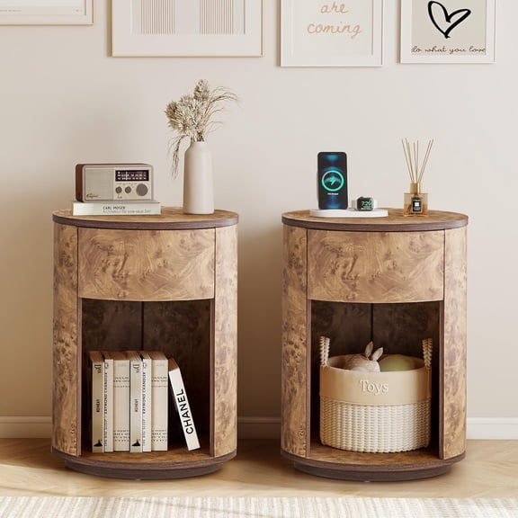 Sylphorium Side Table with Drawer, Round Bedside Table with Open Shelf, Farmhouse Burl Wood Nightstand Accent Table for Living Room, Bedroom (Walnut, 2-Pack)