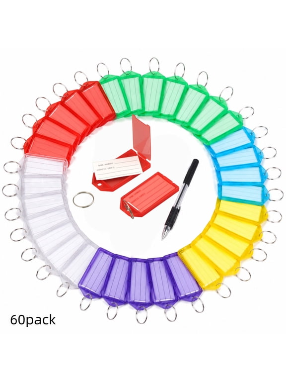 50-Pack Key Tags with Labels, Clear Plastic Key Rings with Labels, Assorted Colors, Flip-Top Key Labels Tags for Luggage, Keys, and Identification