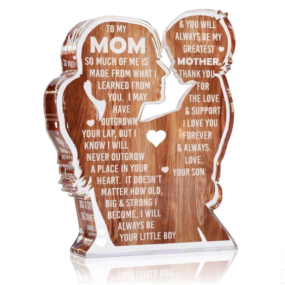 Syltano Acrylic Desktop Decor, 5.11 Inch Wooden Stand Plaque for Mom, Heart Message Birthday Gift for Mother, Office and Home Decoration(Mother and Son)