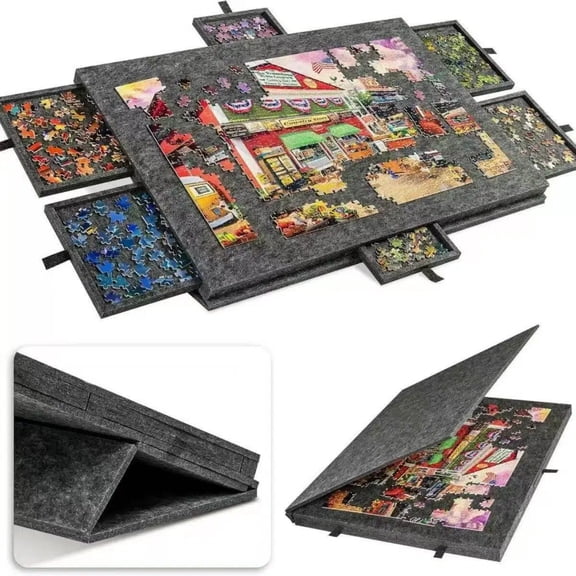 Syltano Felt Puzzle Board with Drawers, 1000 Piece Foldable Puzzle Table for Adults, 6-Drawer Sorting Tray, Portable Puzzle Mat with Stand, 30.3 x 21.1 Inches, Dark Gray