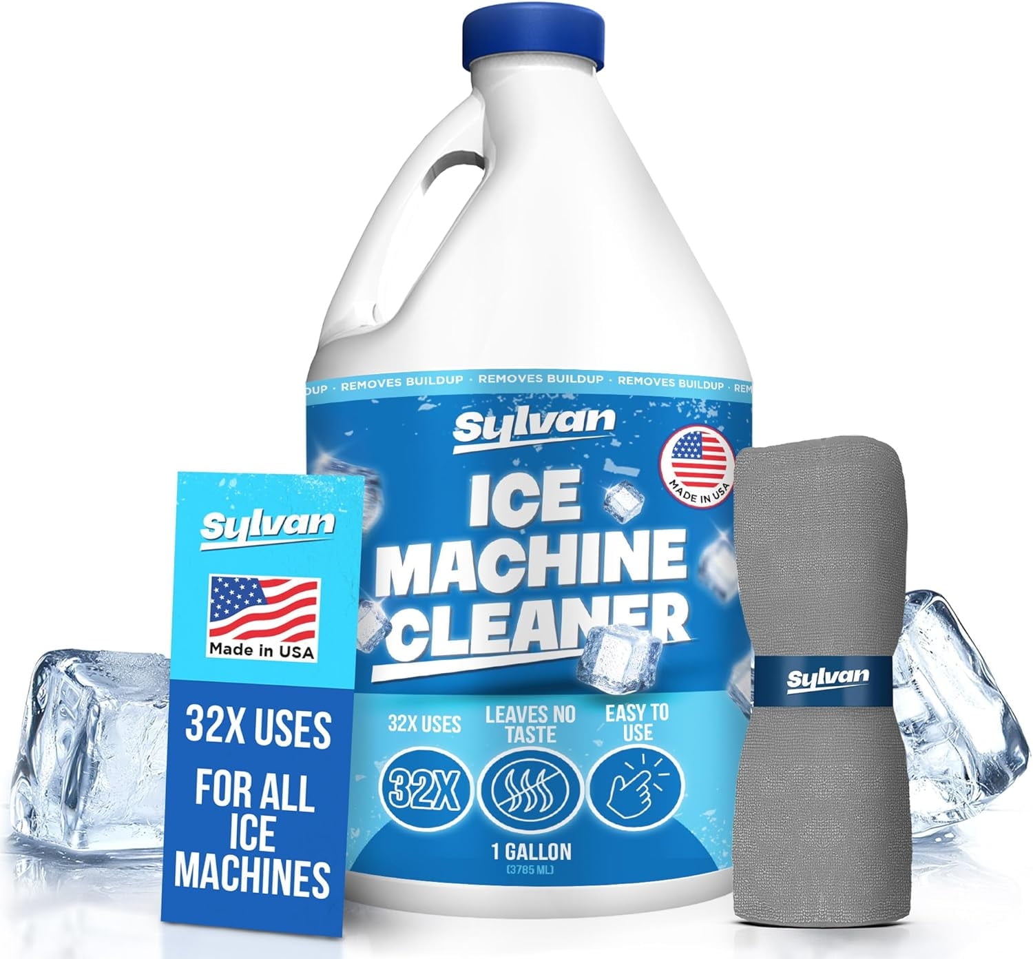 Sylvan Ice Machine Cleaner and Descaler | 1 Gal. (32 uses) | Free Cloth | Made in USA | Nickel Safe Ice Maker Cleaner and Descaler | Universal Compatibility for Commercial & Residential Ice Makers