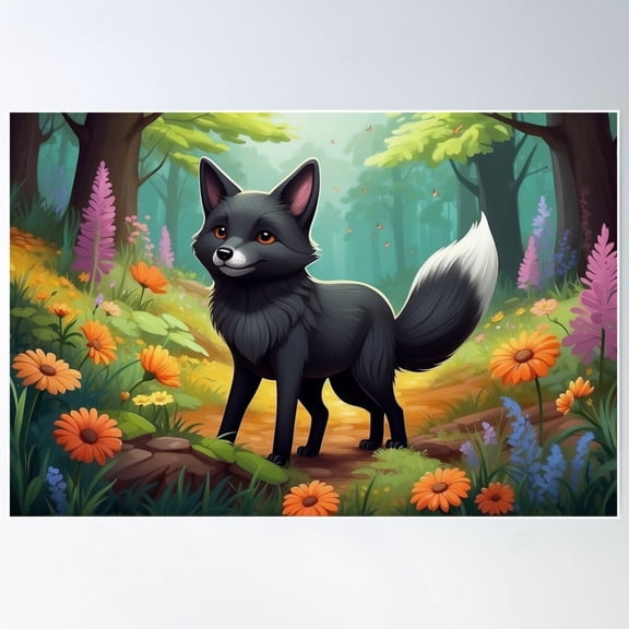 Sylvan Stroll: Sleek Black Fox Among Forest Blooms Poster Wall Art, Modern Wall Decor For Living Room Bedroom, 8x12 UNFRAMED