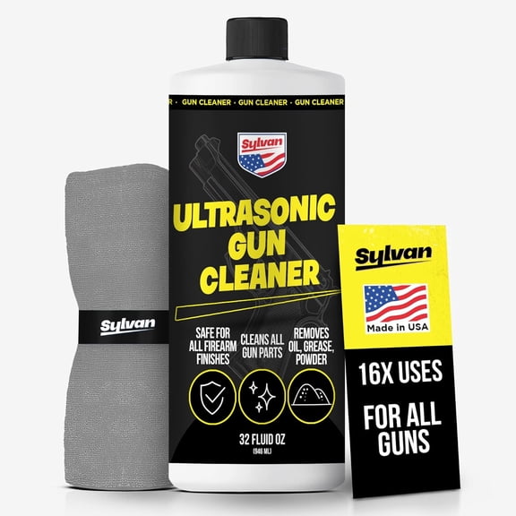 Sylvan Ultrasonic Gun Cleaner Solution Concentrate + Free Cleaning Cloth | 32 Oz | Makes 50 Gallons | Made in USA | Gun Cleaning Solvent for All Ultrasonic Machines | Highly Concentrated