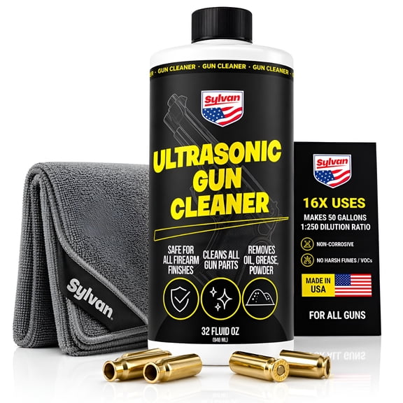 Sylvan Ultrasonic Gun Cleaner Solution Concentrate + Free Cleaning Cloth | 32 Oz | Makes 50 Gallons | Made in USA | Gun Cleaning Solvent for All Ultrasonic Machines | Highly Concentrated