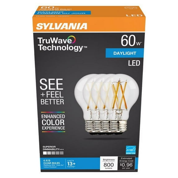 Sylvania 49827 A19 LED Dimmable Bulb, Clear, 8 Watt