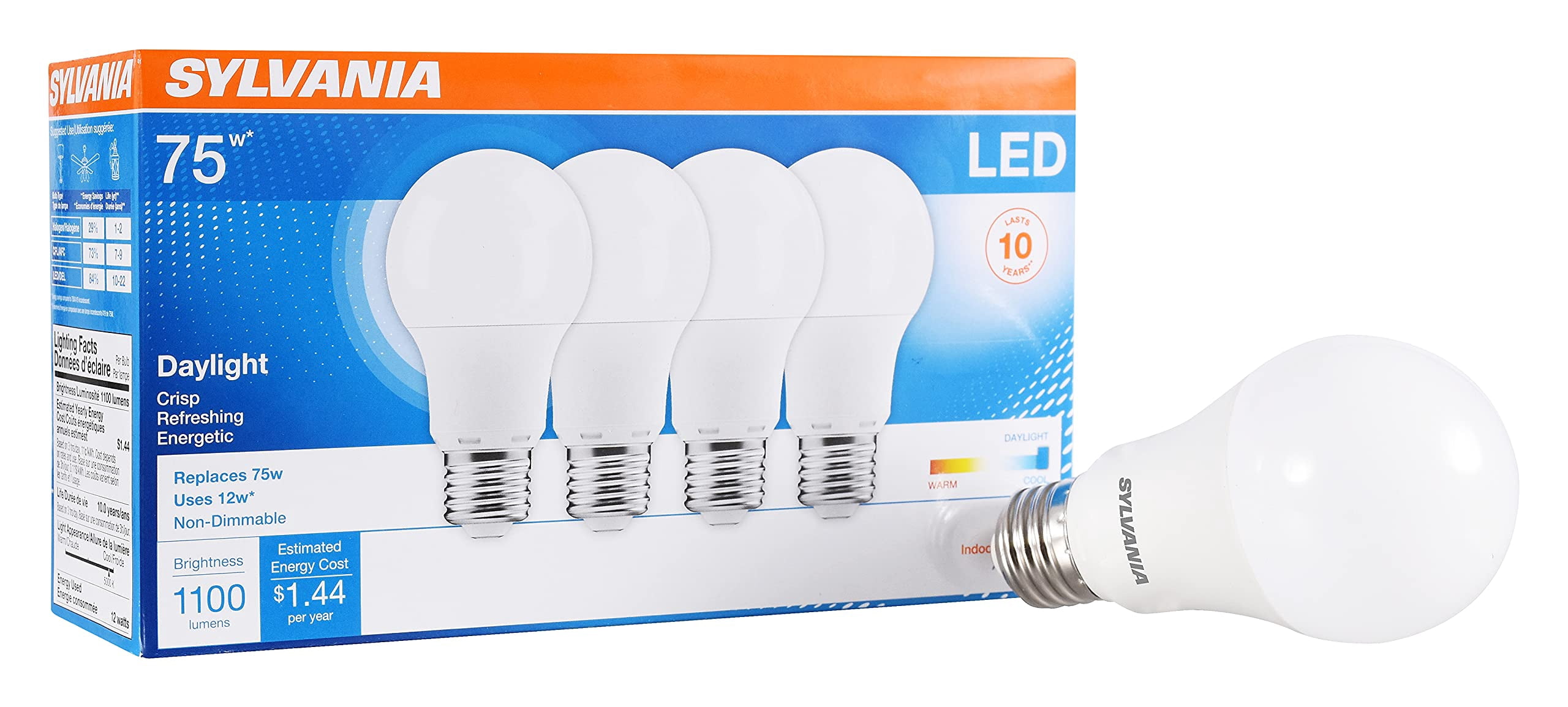 Sylvania LED A19 Light Bulb, 75W Equivalent, Efficient 12W, Medium Base, Frosted Finish, 1100 Lumens, 5000K, Daylight - 4 Pack (78100)