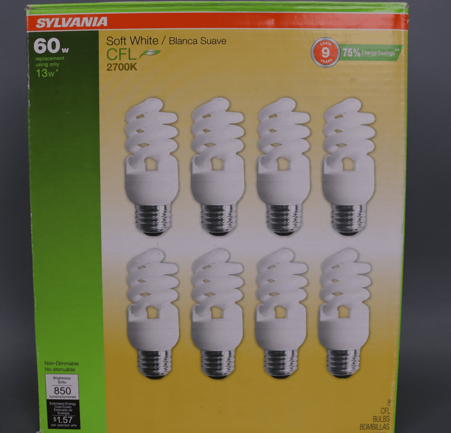 Sylvania CFL Light Bulb 60W Equivalent 13W Soft White 850 Lumens Indoor Use  8 Pack - Walmart.com, image size:1545x1486