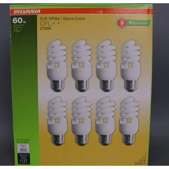 Sylvania CFL T2 Twist Light Bulb, 60W Equivalent, Efficient 13W, 850 Lumens, Medium Base, 2700K, Soft White - 8 Pack (26363)