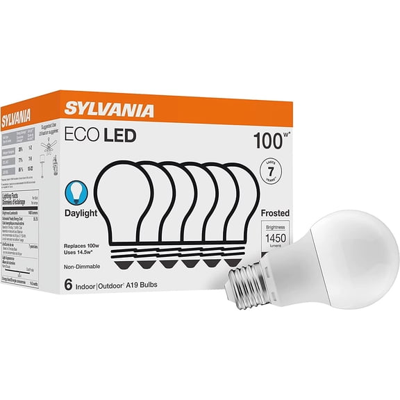 Sylvania ECO LED Light Bulb, A19, 100W Equivalent, Efficient 14.5W, 7 Year, 1450 Lumens, Frosted, 5000K, Daylight - 6 Pack (40884)