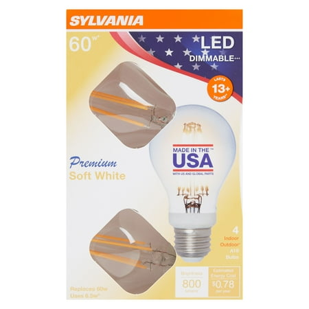 Sylvania LED A19 Light Bulb, 60 Watt, Dimmable, Soft White, 4 Pack