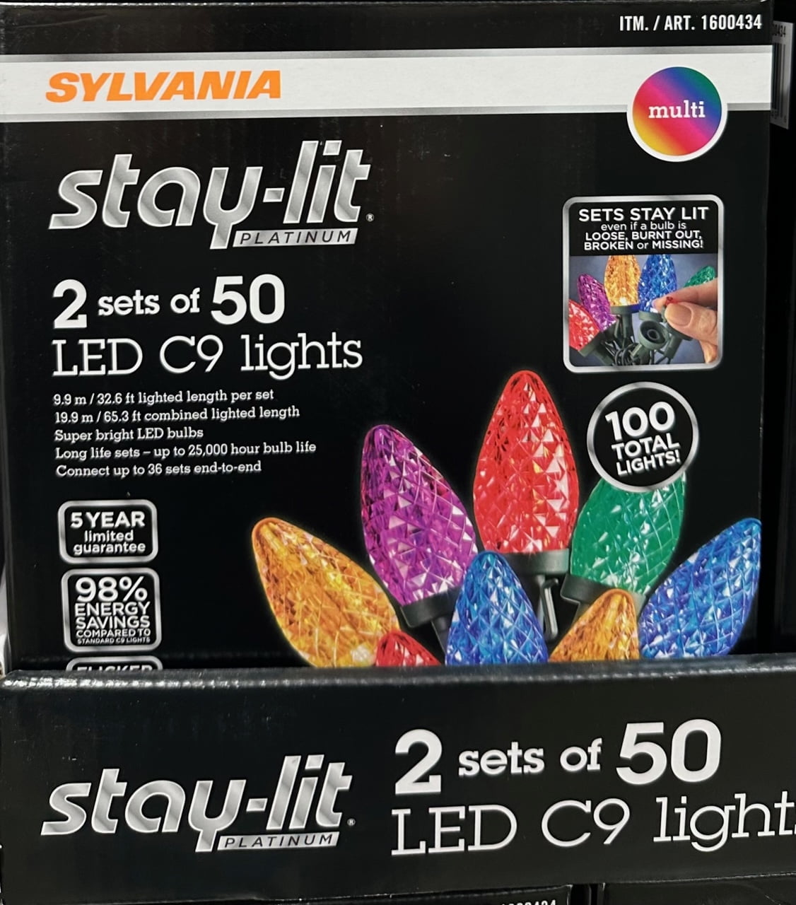 Sylvania Stay-lit Multicolor LED Lights, 2 Sets of 50 Faceted C9