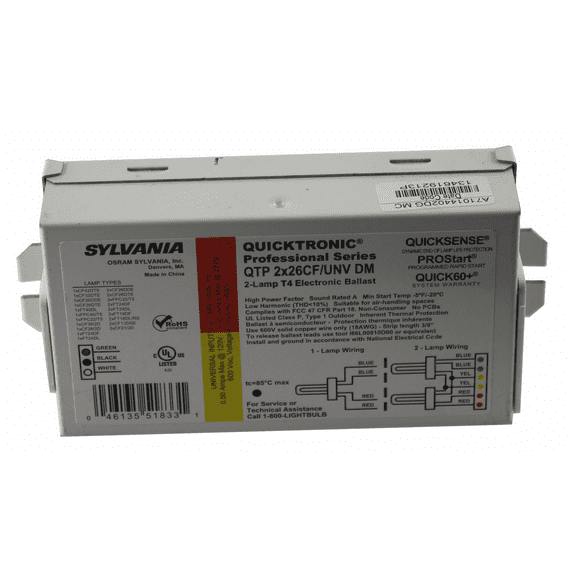 Sylvania Quicktronic 1-2 Lamp Compact Fluorescent Ballast, Dual Entry Professional, Electronic, T4, 26 Watt, 120/277 Volt