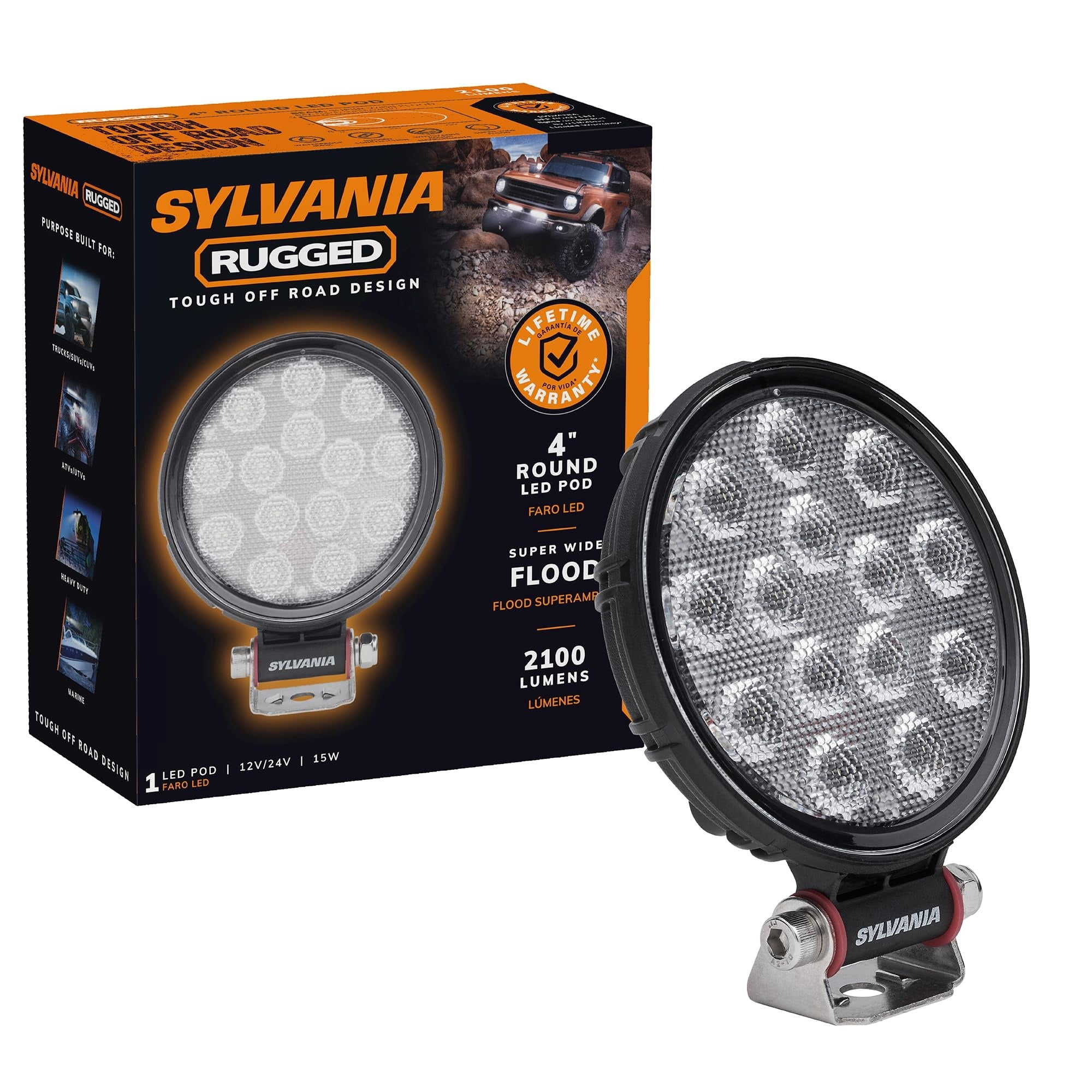 Sylvania Rugged 4 Inch Round LED Light Pod Flood 2100 Lumens, 1 pack, Compatible with Multiple Cars