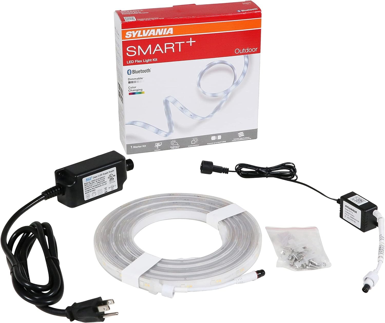 Sylvania Smart 16.4 ft Bluetooth Mesh LED Flex Light Strip Outdoor Starter Kit for Alexa/Google/Apple HomeKit, RGBTW Full Color, Dimmable, Accessories Included, Outdoor Rated - 1 Pack 75777