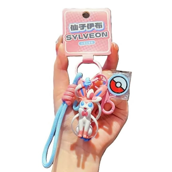 Sylveon Pokemon Keychain with Fragrance Pendant – Cute 3D Figure & Eco-friendly Cord Strap – Bag Accessory - 1 count, Sylveon