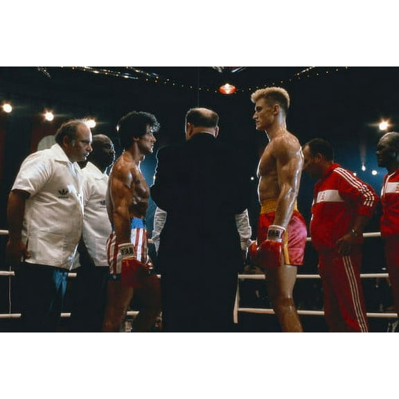 Sylvester Stallone and Dolph Lundgren and Burt Young in Rocky IV face off in ring 24x36 Poster