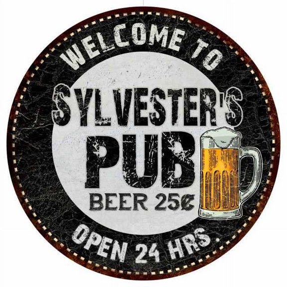 Sylvester's Pub 14" Round Metal Sign Beer Bar Black Wall Décor Gift 100140039499