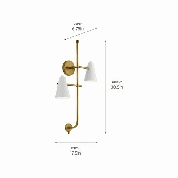 Sylvia 2 Light Wall Sconce in white and Natural Brass