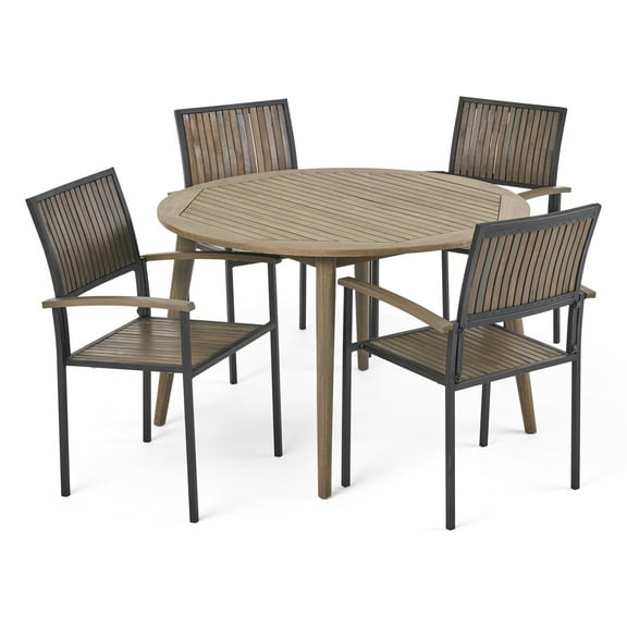 Sylvia Outdoor 4 Seater Acacia Wood Circular Dining Set, Gray