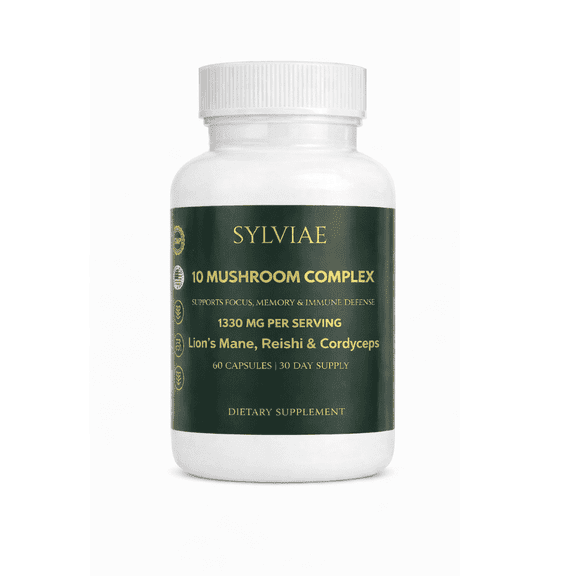 Sylviae Mushroom Complex 1330mg - 10 Mushroom Blend with Lions Mane, Reishi, Cordyceps - Brain Focus, Immune & Energy Support - 60 Capsules