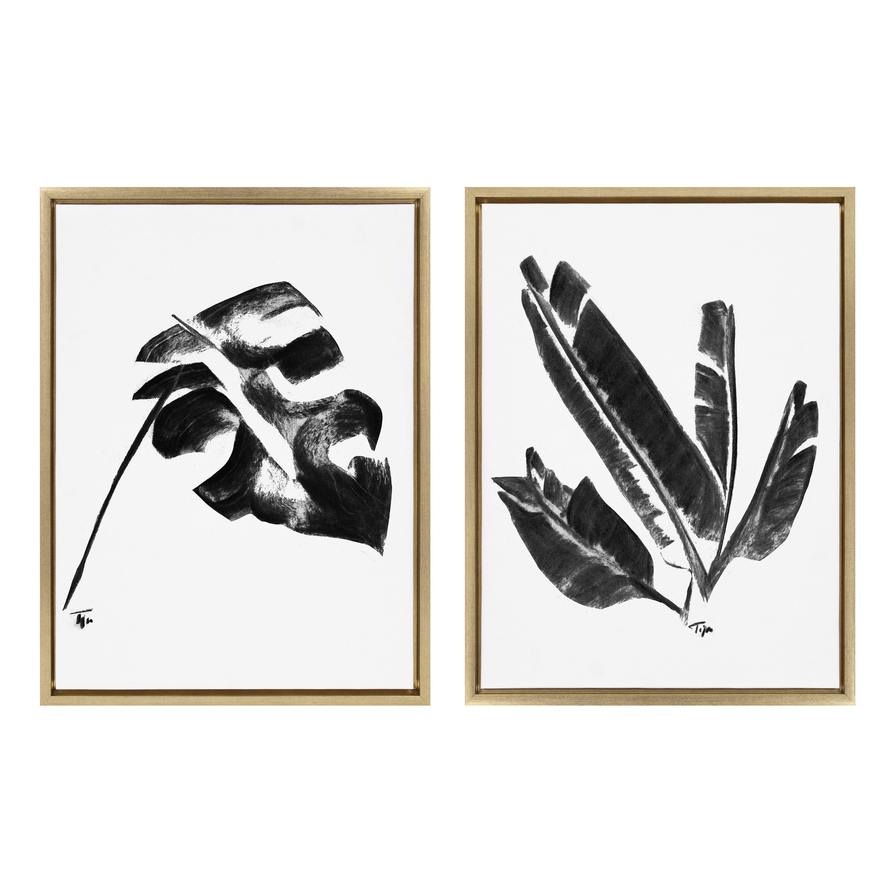 Sylvie 582 Monstera and 583 Banana Leaf 18 in x 24 in Framed Painting Canvas Art Prints, by Kate and Laurel Set of 2
