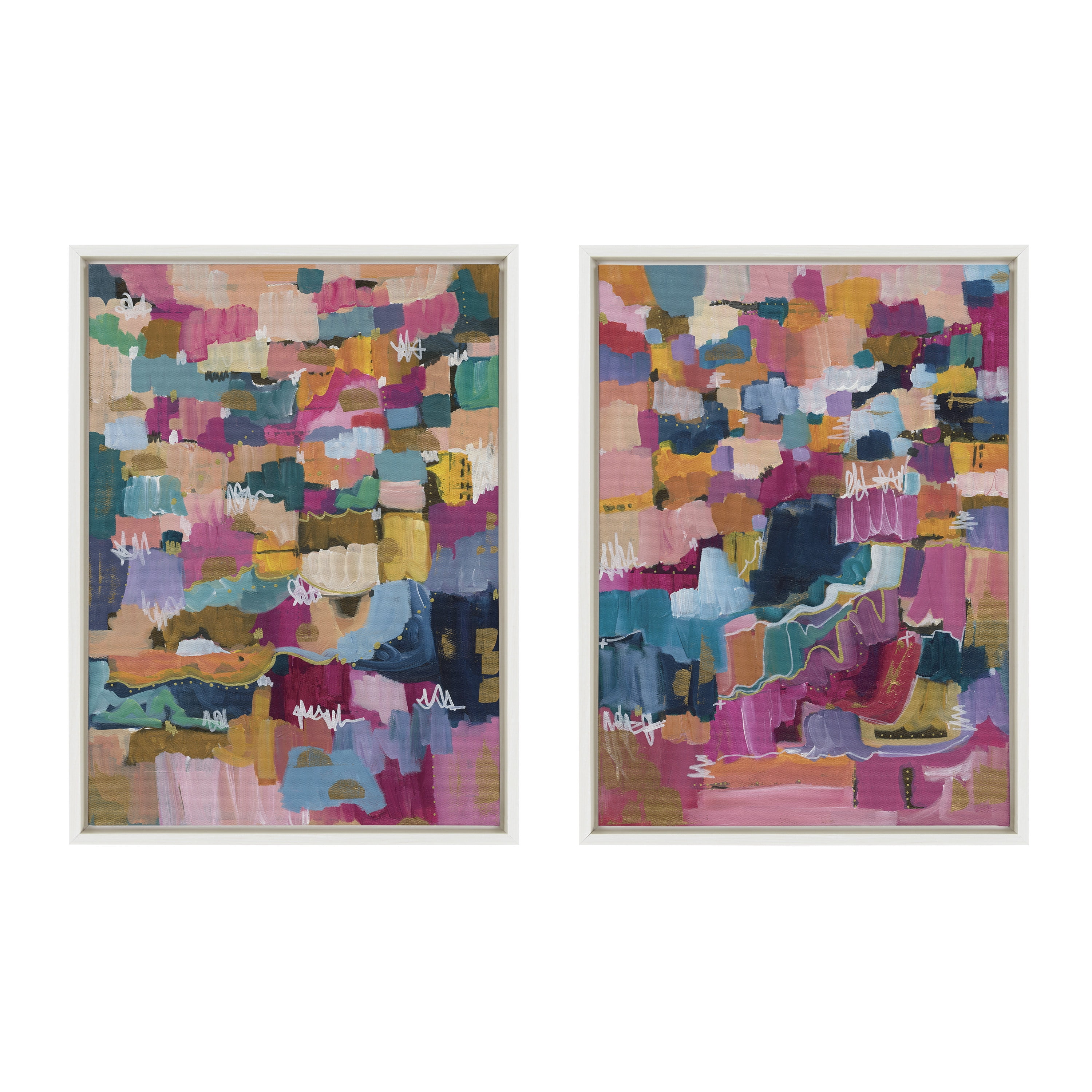 Sylvie Applause Multicolored Abstract Canvas Art Set with White Frame