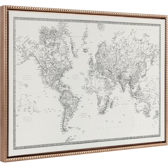 Sylvie Beaded Vintage Black and White World Map Vintage Framed Canvas Wall Art by The Creative Bunch Studio, 23x33 Gold, Modern Geographical Map Dcor
