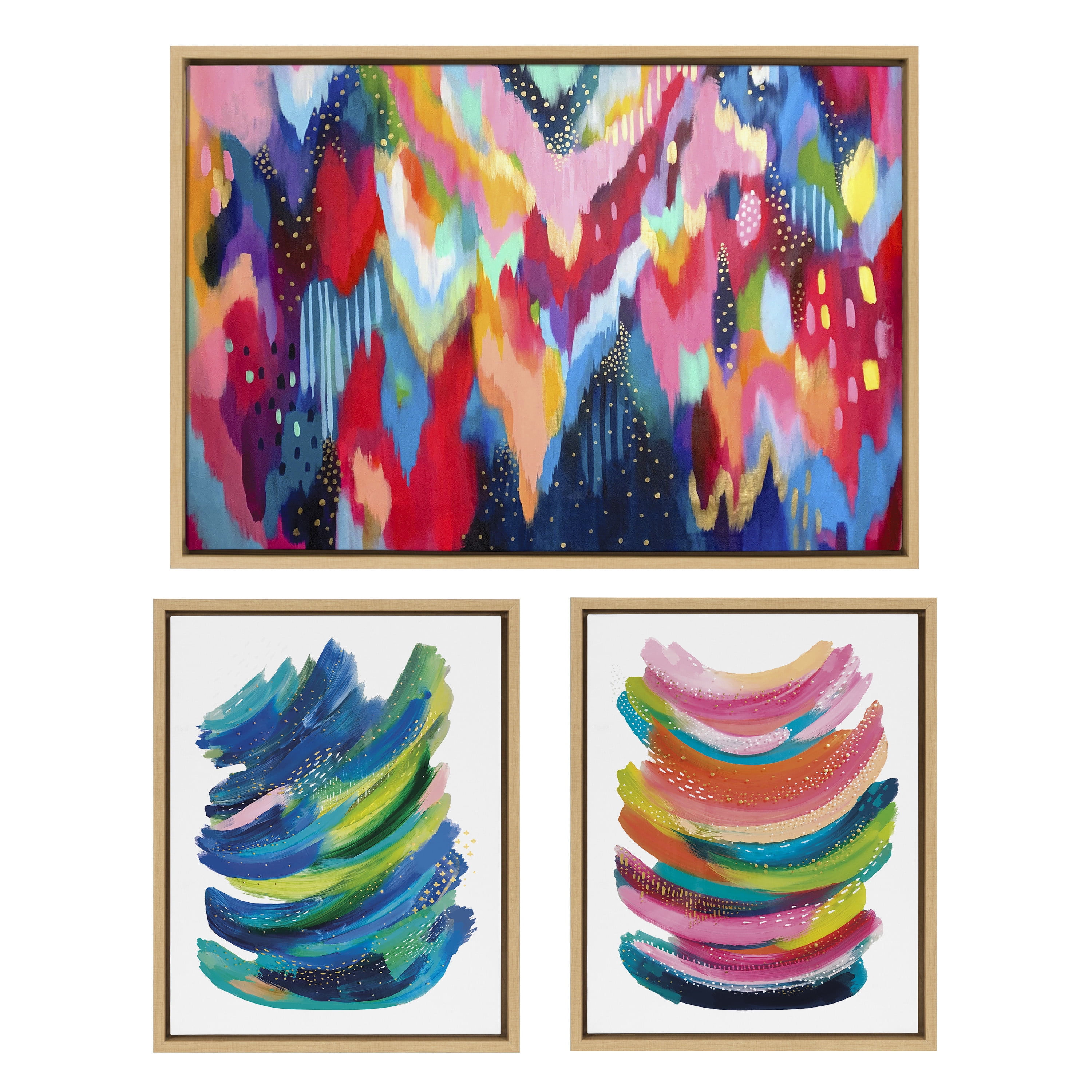 Colorful Abstract Brushstroke Canvas Art Set with Natural Frames