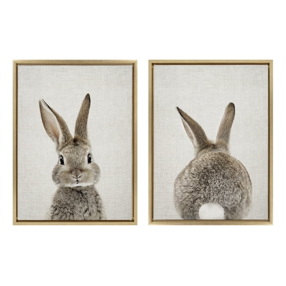 Sylvie Bunny Portrait on Linen and Bunny Tail on Linen 18 in x 24 in Framed Painting Canvas Art Prints, by Kate and Laurel Set of 2