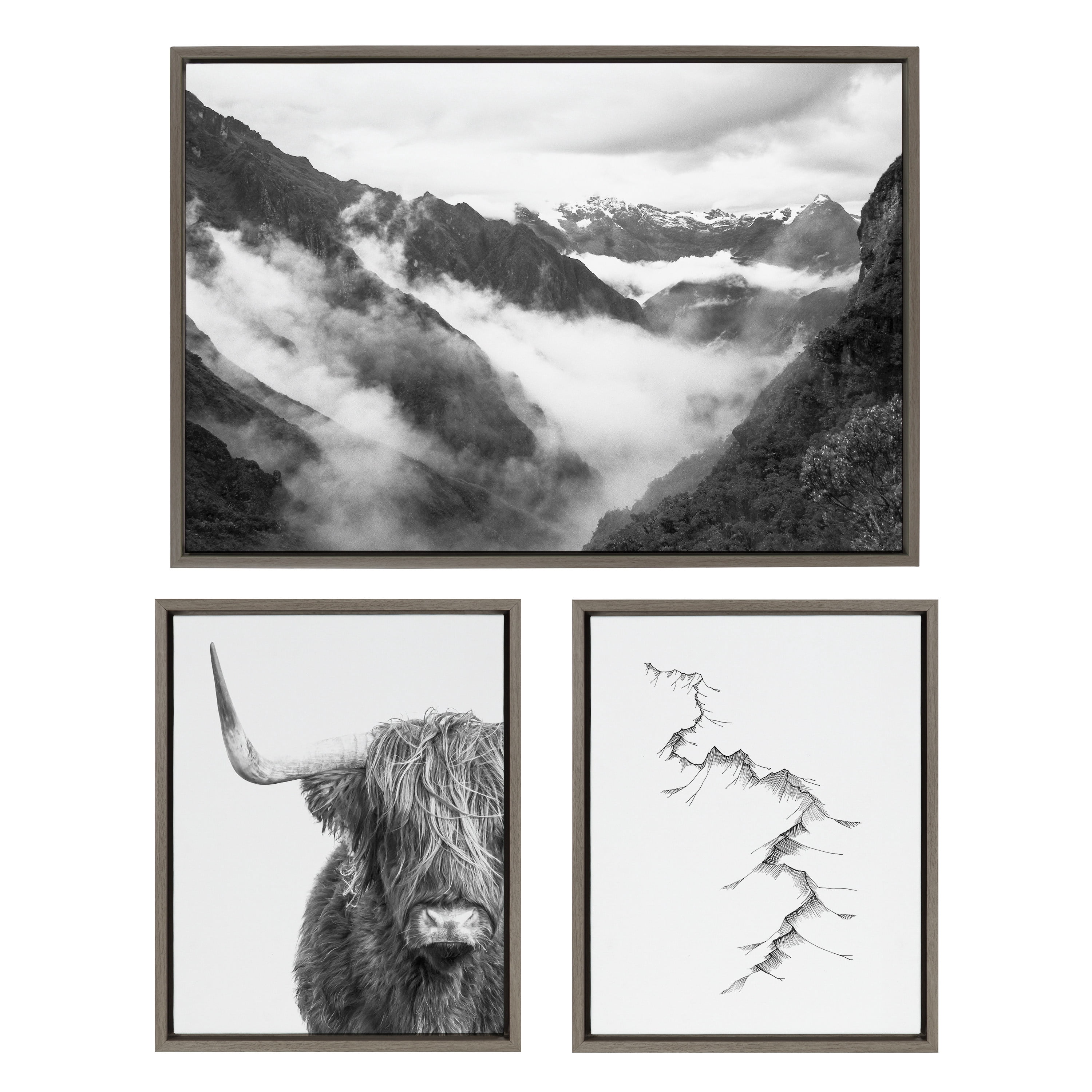 Sylvie Highland Cow, Mountains, and Inca Trail 23 in x 33 in Framed Photography Canvas Art Prints, by Kate and Laurel Set of 3