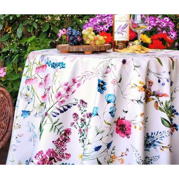 Sylvie Wildflowers French Country Acrylic Cotton Coated Tablecloth - 70" Round - French Oilcloth Spill Proof Easy Wipe Off - Indoor Outdoor Party Decor Gifts.