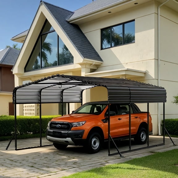 Sylviera 10x15ft Metal Carport Canopy, Heavy Duty Steel Frame Garage, Waterproof All-Weather Vehicle Shelter for Car, UV & Snow Protection