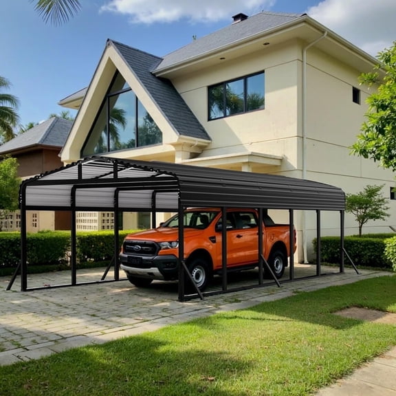 Sylviera 12x25ft Metal Carport Canopy, Heavy Duty Steel Frame Garage, Waterproof All-Weather Vehicle Shelter for Car, UV & Snow Protection
