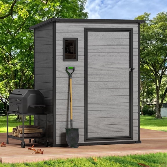 Sylviera 5×3 FT Resin Outdoor Storage Shed with Floor, Waterproof UV-Proof Plastic Garden Shed, Weather Resistant Backyard Storage for Tools & Bikes