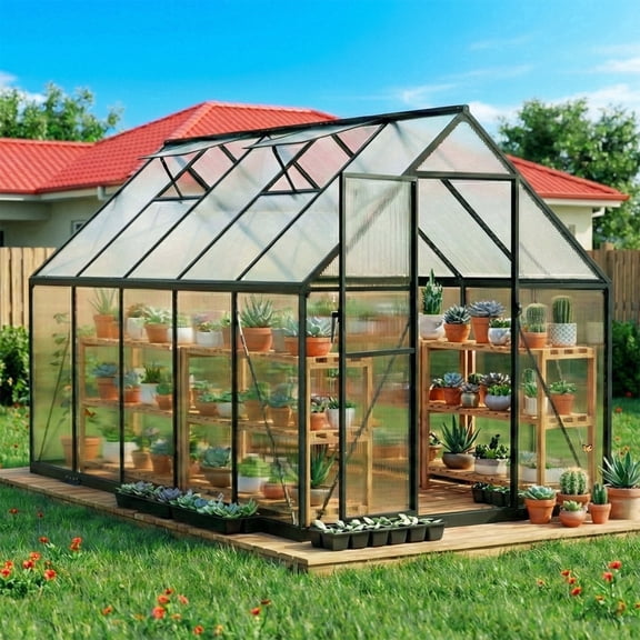Sylviera 6x10ft Outdoor Walk-in Greenhouse, Heavy-Duty Polycarbonate Greenhouse with Reinforced Aluminum Frame for Garden, Backyard, and Winter Planting