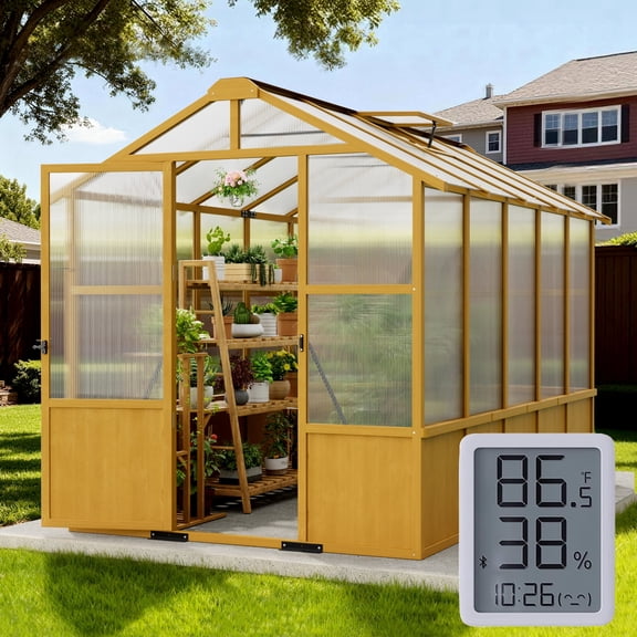 Sylviera 6x10ft Walk-In Wooden Greenhouse, Pine Frame & Polycarbonate Panels, Reinforced Roof, Lockable Door, Outdoor Backyard Plant Growing