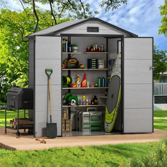 Sylviera 6x4FT Resin Outdoor Storage Shed with Floor, All-Weather Waterproof Plastic Garden Shed for Backyard, Heavy-Duty Storage Shed for Tools, Bikes & Lawn Equipment