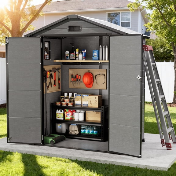 Sylviera 6x4FT Resin Shed with Floor, Weather-Resistant Plastic Garden Shed for Backyard, Waterproof UV-Proof Outdoor Storage Shed for Tools, Bikes & Equipment
