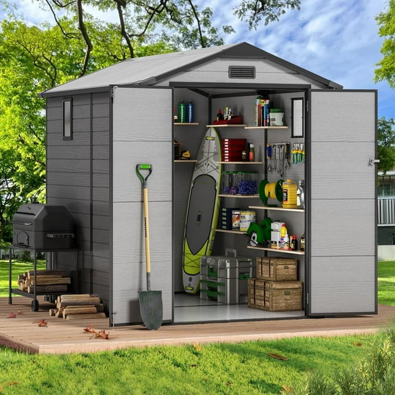 Sylviera 6x8FT Resin Outdoor Storage Shed with Floor, All-Weather Waterproof Plastic Garden Shed for Backyard, Heavy-Duty Storage Shed for Tools, Bikes & Lawn Equipment