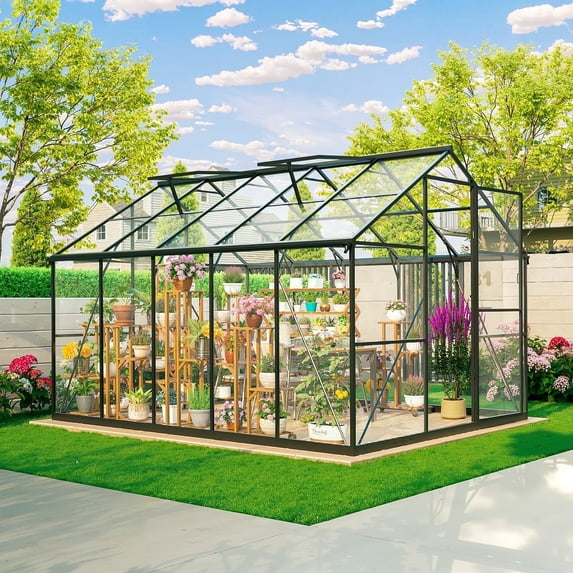 Sylviera 8x10FT Heavy-Duty Greenhouse with Reinforced Aluminum Frame & High-Transparency PC Panels, Walk-in Green House with Quick-Installation Structure for Outdoor Garden
